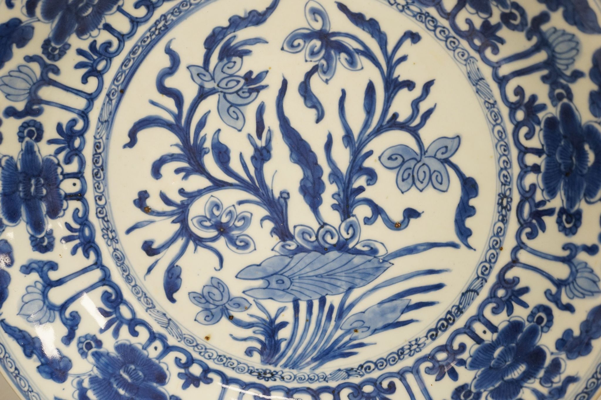 A Chinese blue and white ‘lotus’ dish, Kangxi period, 35cm